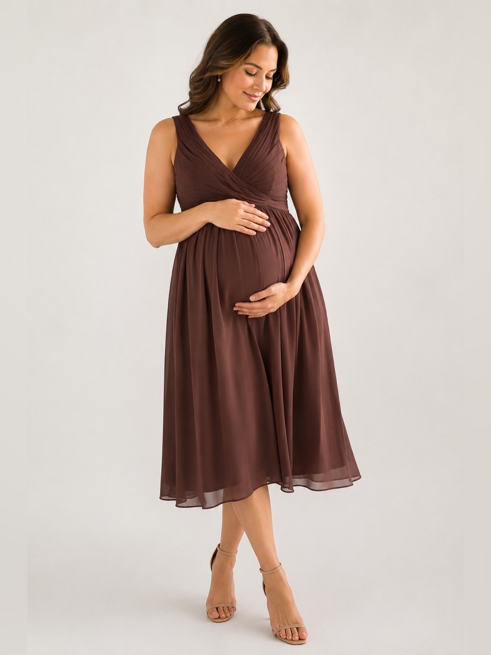 Belsoie Chiffon Criss Cross Brown V-Neck Sleeveless Midi Dress Maternity Size 20